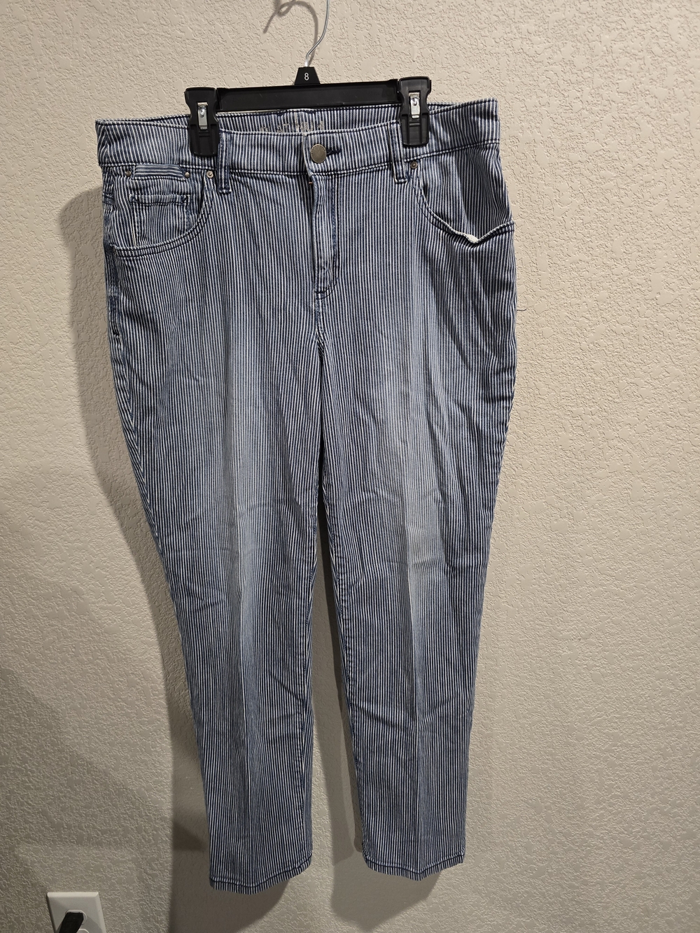 Chico's Platinum Skimmer Blue & White Railroad Stripe Ankle Pants Size 1.5 US 10